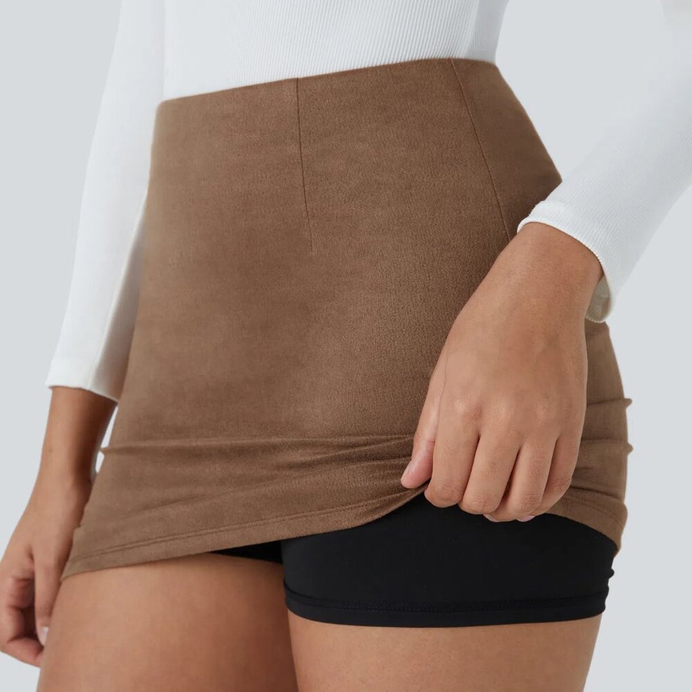 HALARA High Waisted 2-in-1 Bodycon Suede Mini Casual Skirt - Picture 2 of 5